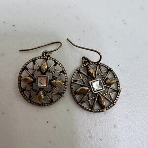 Rhinestone Earrings Gold Tone‎ Vintage Tribal Geometric Boho Dangle Circle Used,